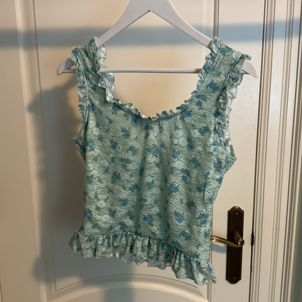 Coquette Green w/ Blue Floral Pront Ruffled Sleeveless Tank Top - Picture 2 of 2